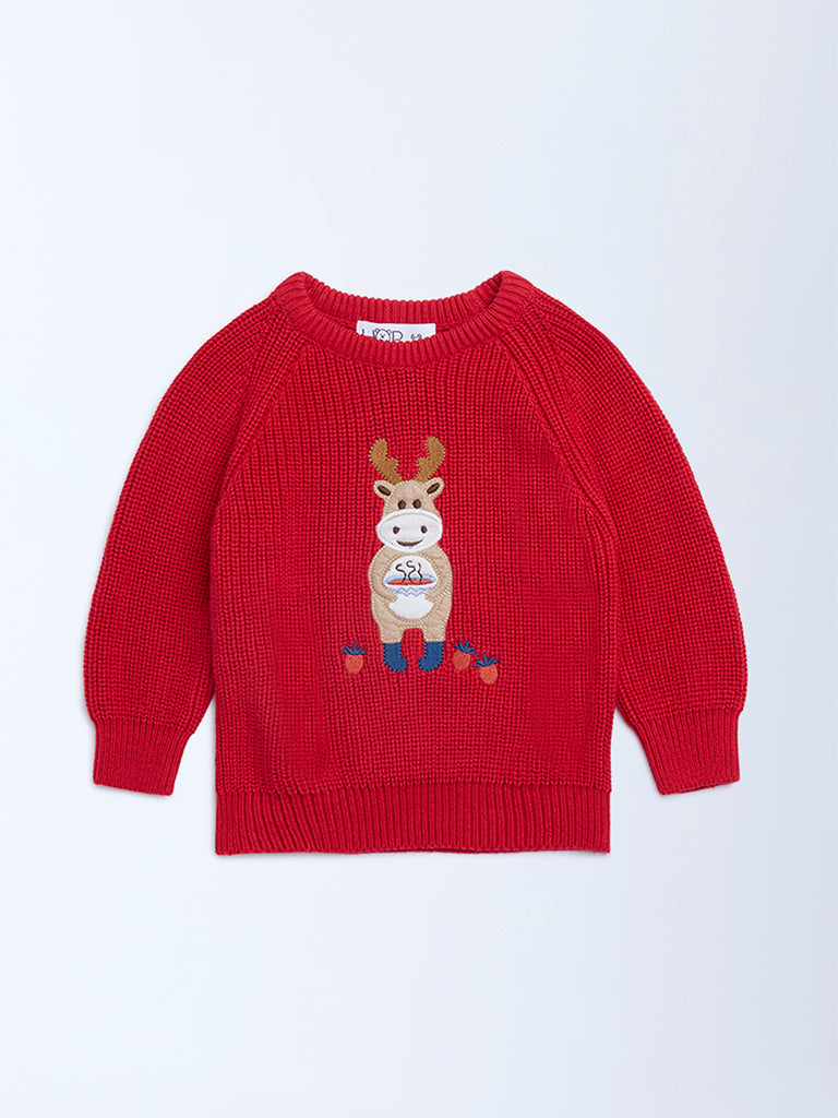 HOP Baby Red Animal Cotton Embroidered Sweater