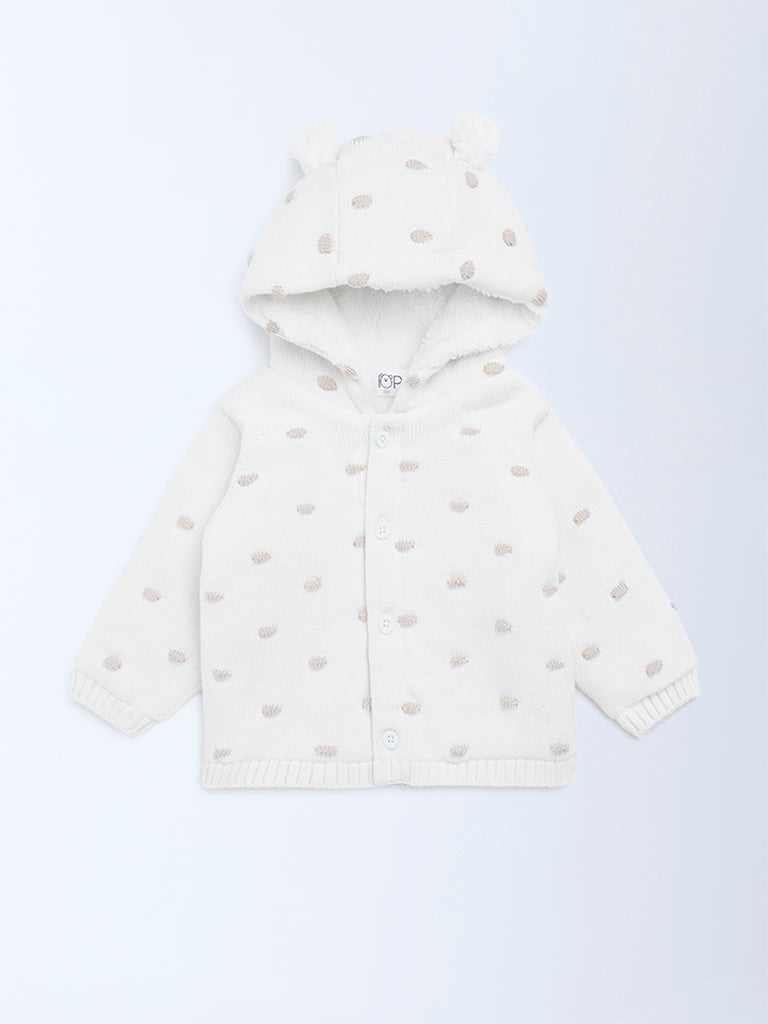 HOP Baby White Embroidered Cotton Hooded Sweater