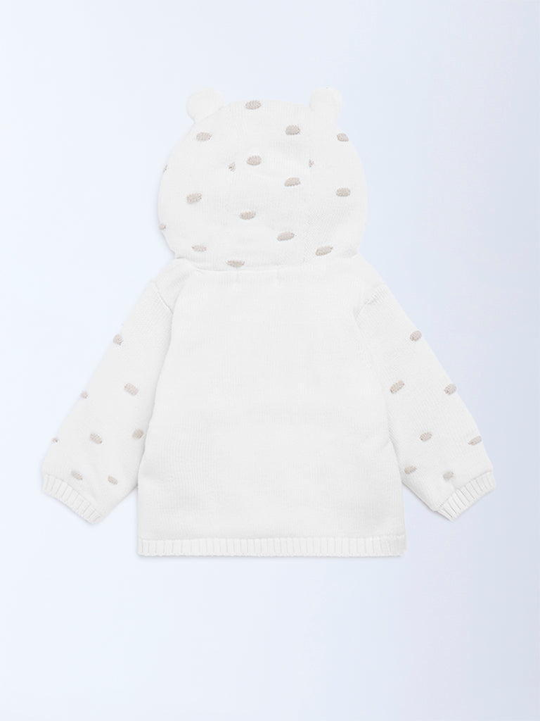 HOP Baby White Embroidered Cotton Hooded Sweater