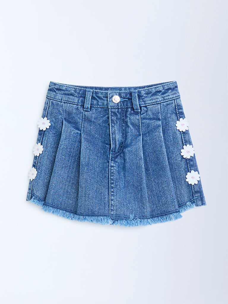 HOP Kids Blue Floral Applique High-Rise Denim Skorts