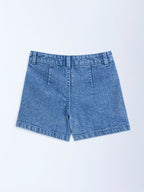 HOP Kids Blue Floral Applique High-Rise Denim Skorts