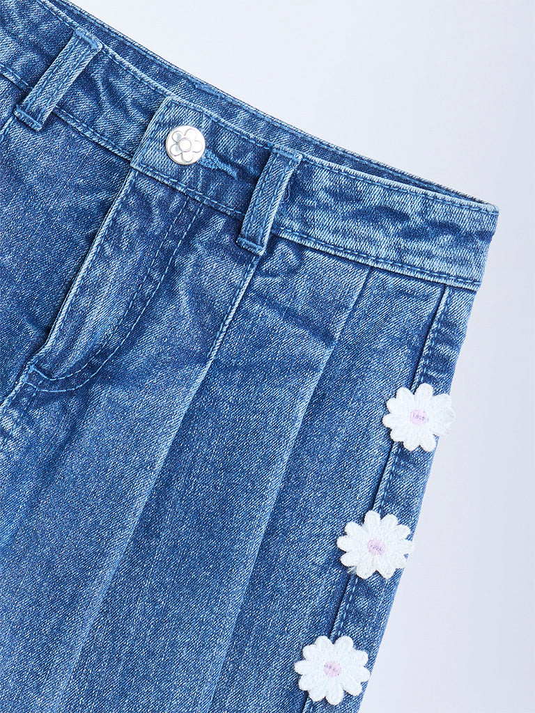 HOP Kids Blue Floral Applique High-Rise Denim Skorts