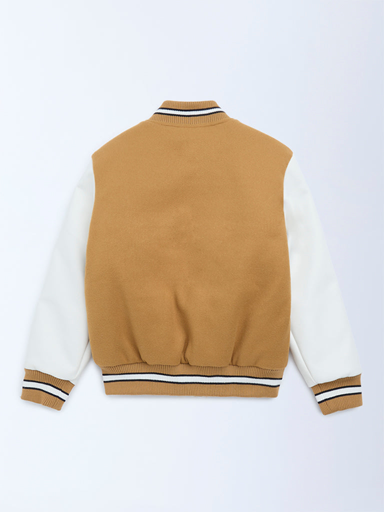 Y&F Kids Tan Text Design Varsity Jacket