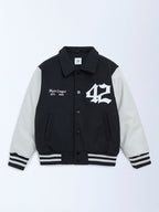 Y&F Kids Black Printed Varsity Jacket