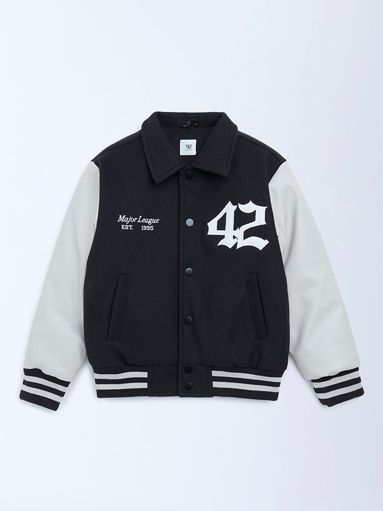 Y&F Kids Black Printed Varsity Jacket