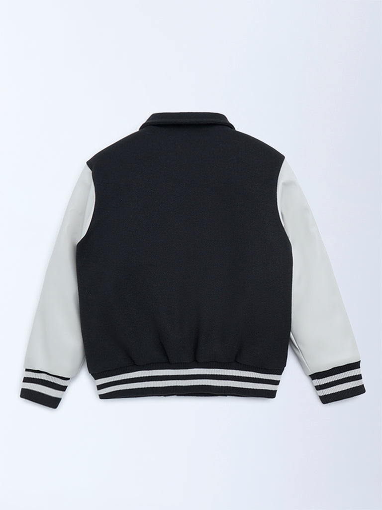Y&F Kids Black Printed Varsity Jacket