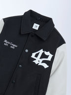 Y&F Kids Black Printed Varsity Jacket
