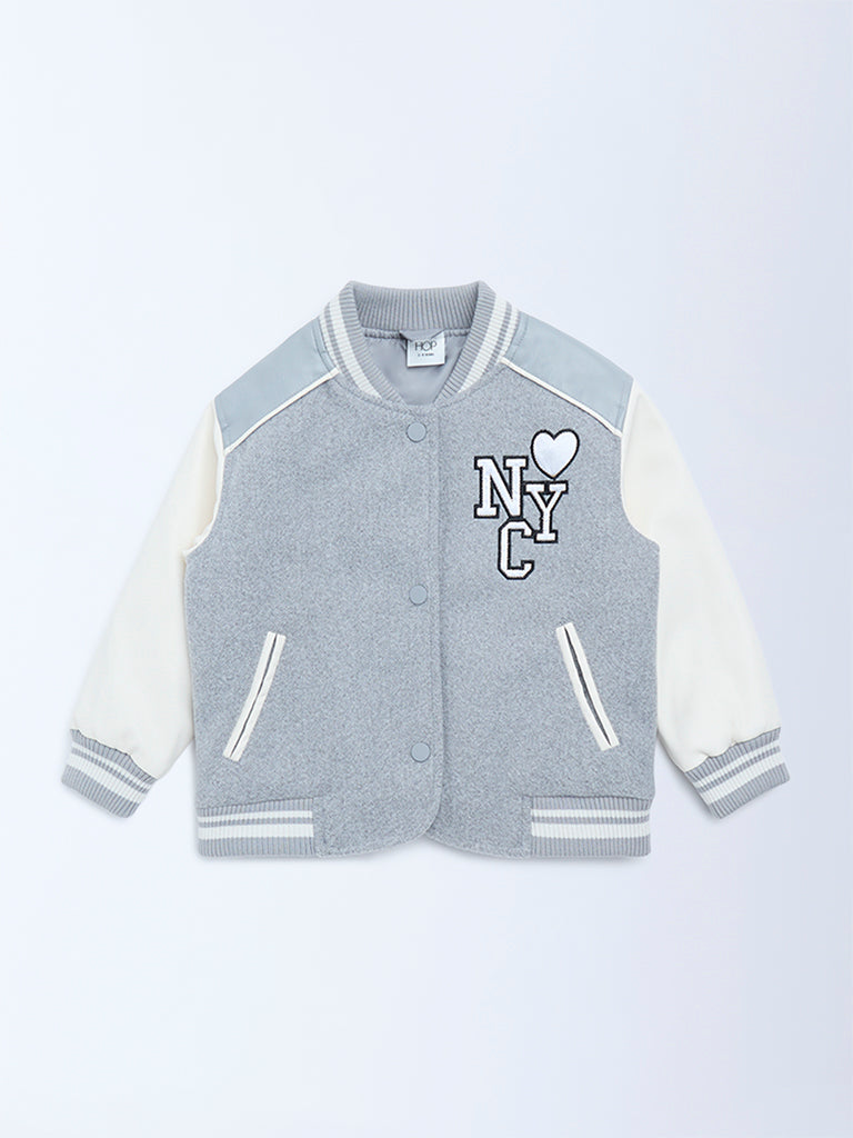HOP Kids Grey Embroidered Cotton Varsity Jacket