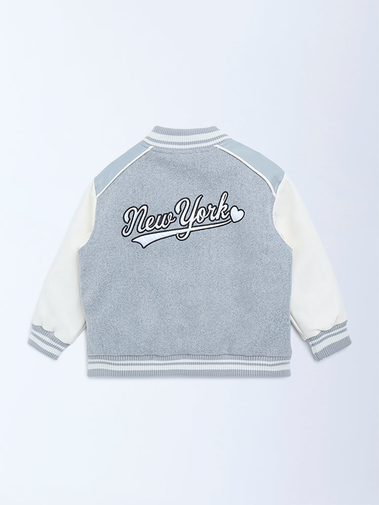 HOP Kids Grey Embroidered Cotton Varsity Jacket