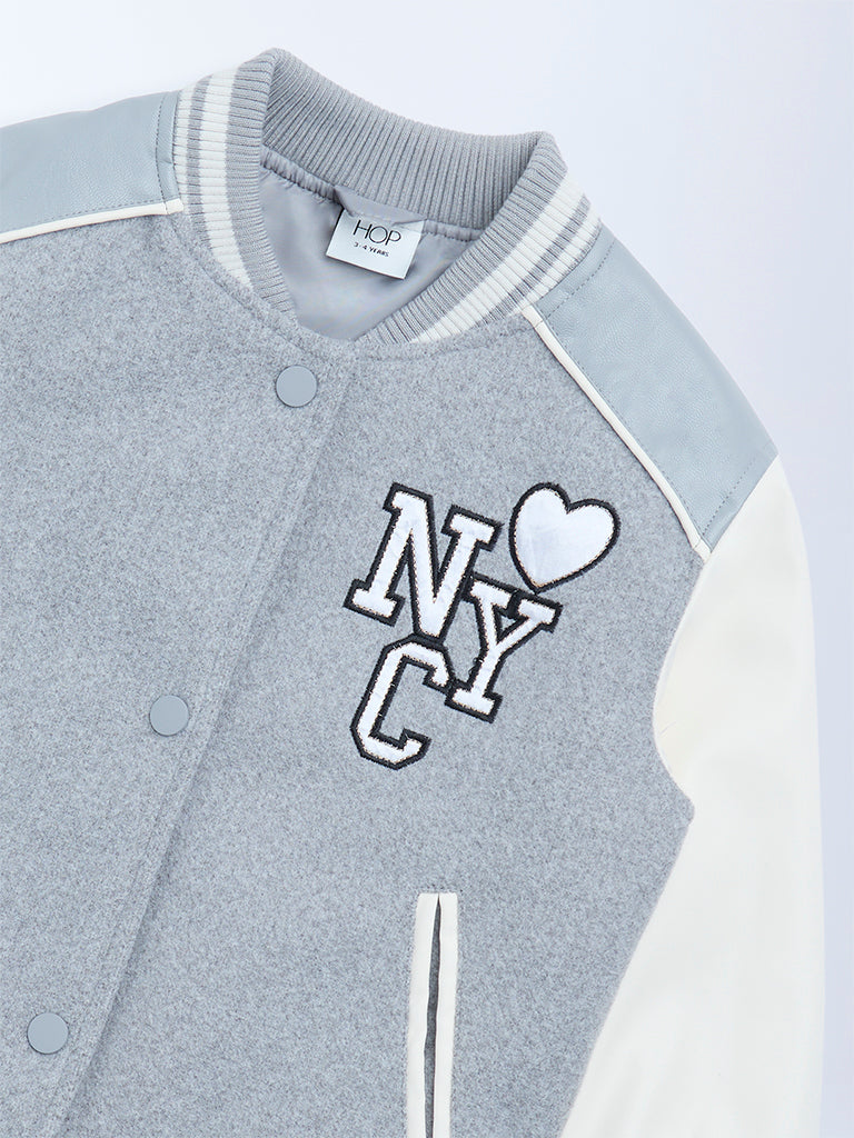 HOP Kids Grey Embroidered Cotton Varsity Jacket