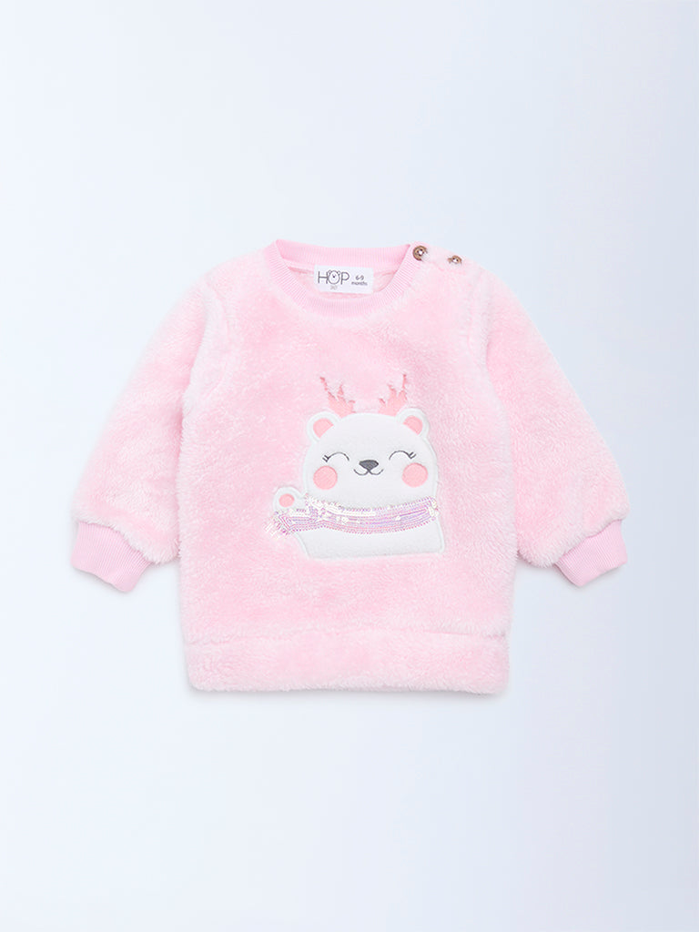 HOP Baby Pink Animal Embroidered Fur Sweater