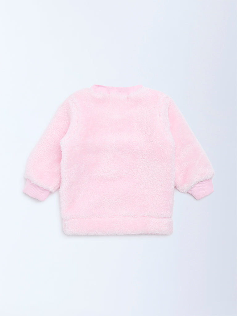 HOP Baby Pink Animal Embroidered Fur Sweater