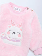 HOP Baby Pink Animal Embroidered Fur Sweater
