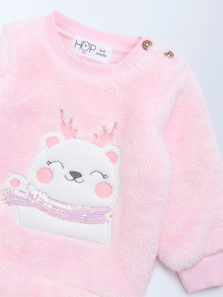 HOP Baby Pink Animal Embroidered Fur Sweater