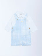 HOP Baby Blue Checkered Cotton Dungaree with Shirt Set