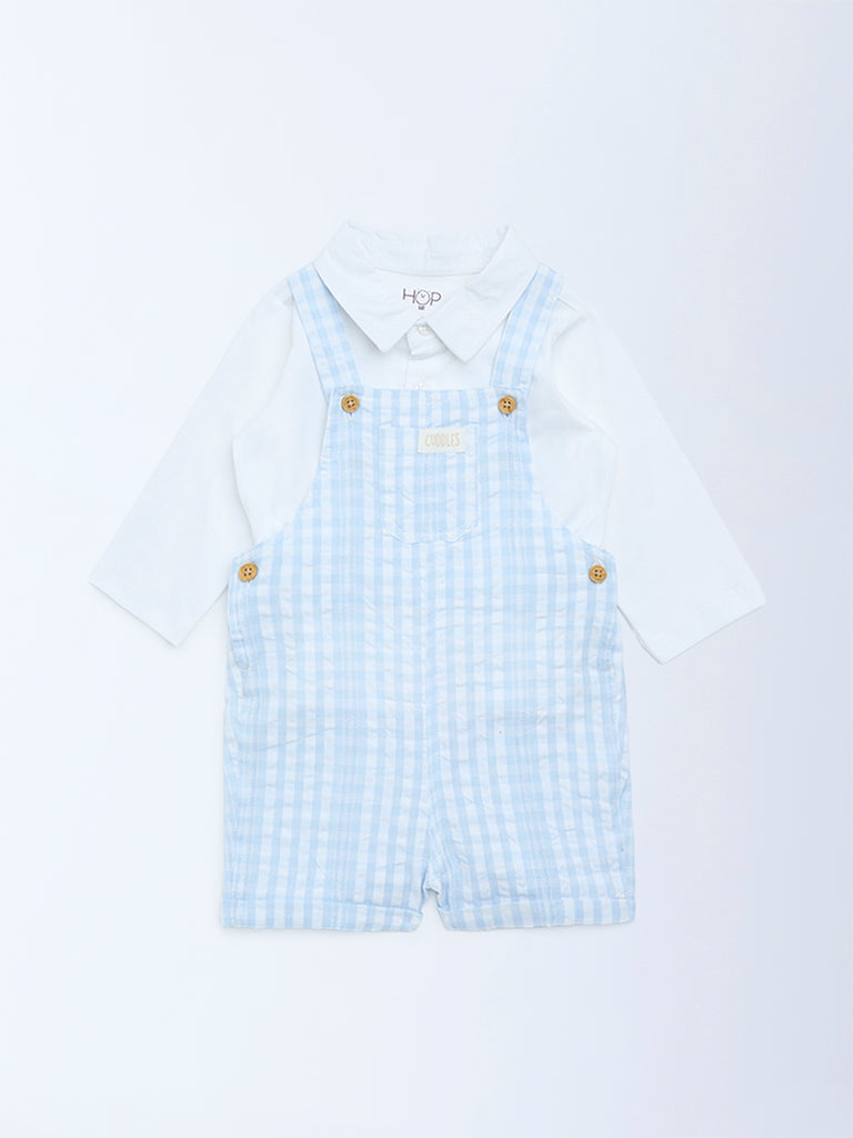 HOP Baby Blue Checkered Cotton Dungaree with Shirt Set