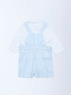 HOP Baby Blue Checkered Cotton Dungaree with Shirt Set