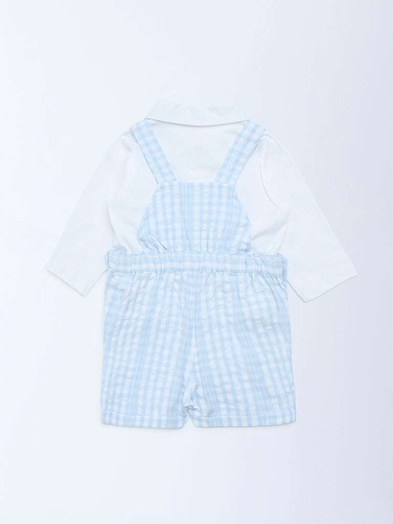 HOP Baby Blue Checkered Cotton Dungaree with Shirt Set