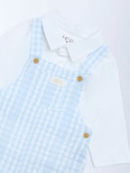 HOP Baby Blue Checkered Cotton Dungaree with Shirt Set