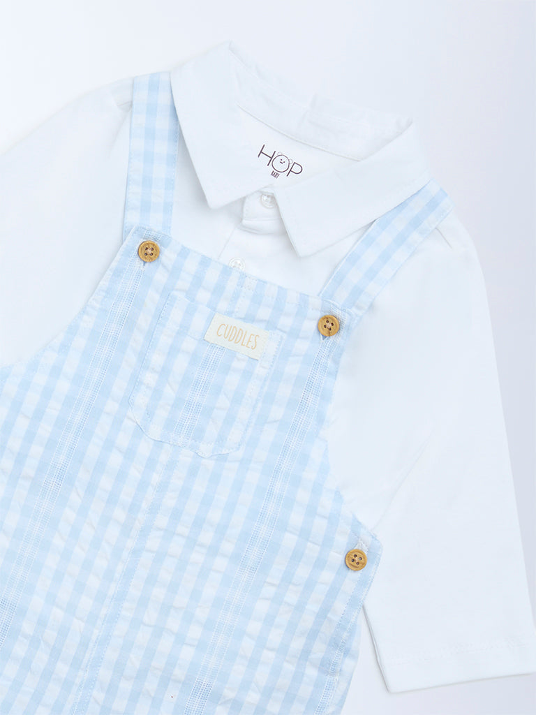 HOP Baby Blue Checkered Cotton Dungaree with Shirt Set