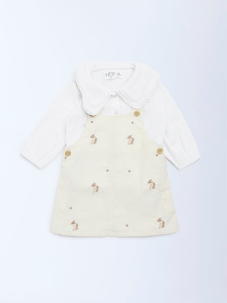 HOP Baby Beige Embroidered Cotton Pinafore with Top Set