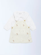 HOP Baby Beige Embroidered Cotton Pinafore with Top Set