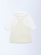 HOP Baby Beige Embroidered Cotton Pinafore with Top Set