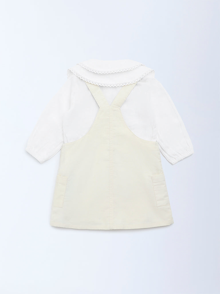 HOP Baby Beige Embroidered Cotton Pinafore with Top Set