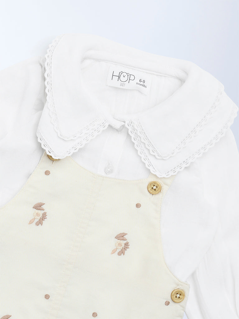 HOP Baby Beige Embroidered Cotton Pinafore with Top Set