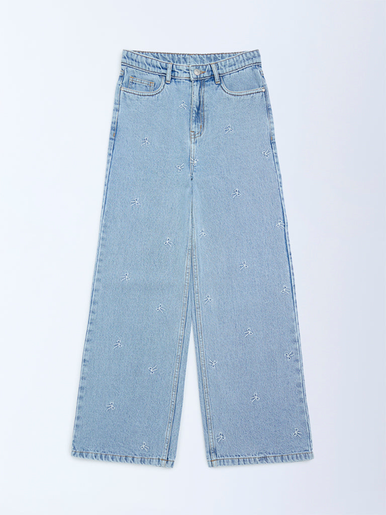 Y&F Kids Light Blue Embroidery Relaxed-Fit High-Rise Jeans