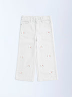 HOP Kids White Bow-Detailed Wide-Leg Mid-Rise Jeans