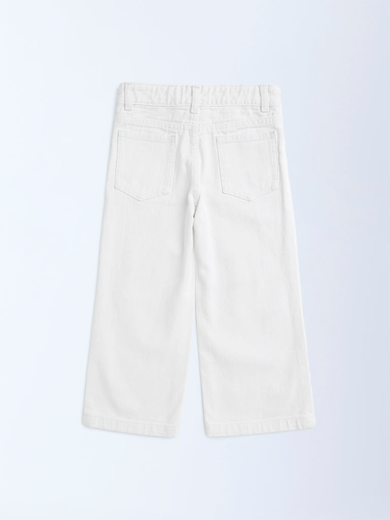 HOP Kids White Bow-Detailed Wide-Leg Mid-Rise Jeans