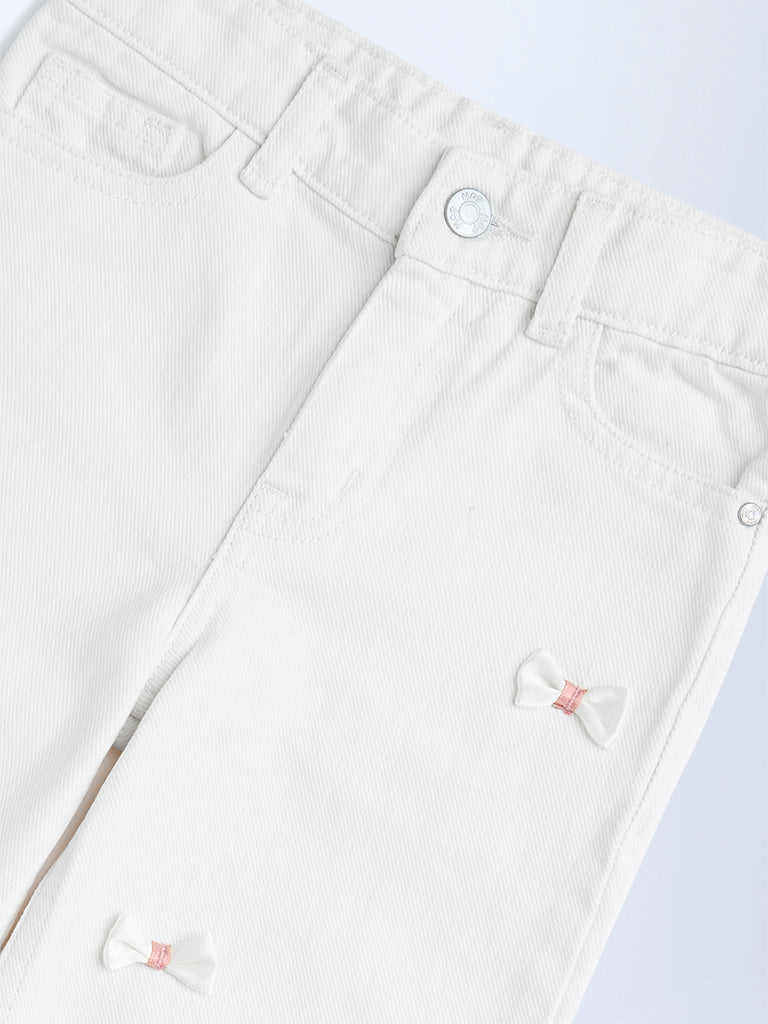HOP Kids White Bow-Detailed Wide-Leg Mid-Rise Jeans