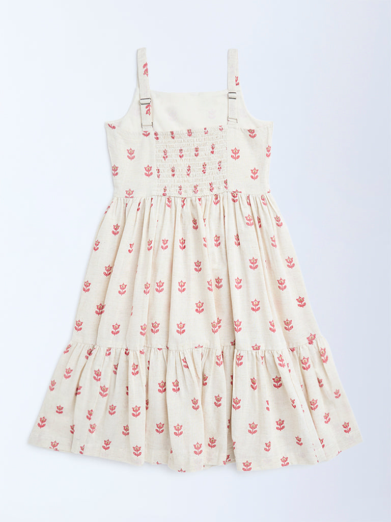 Utsa Kids Off-White Jamdani Floral Cotton-Blend Tiered Dress - (8-14yrs)