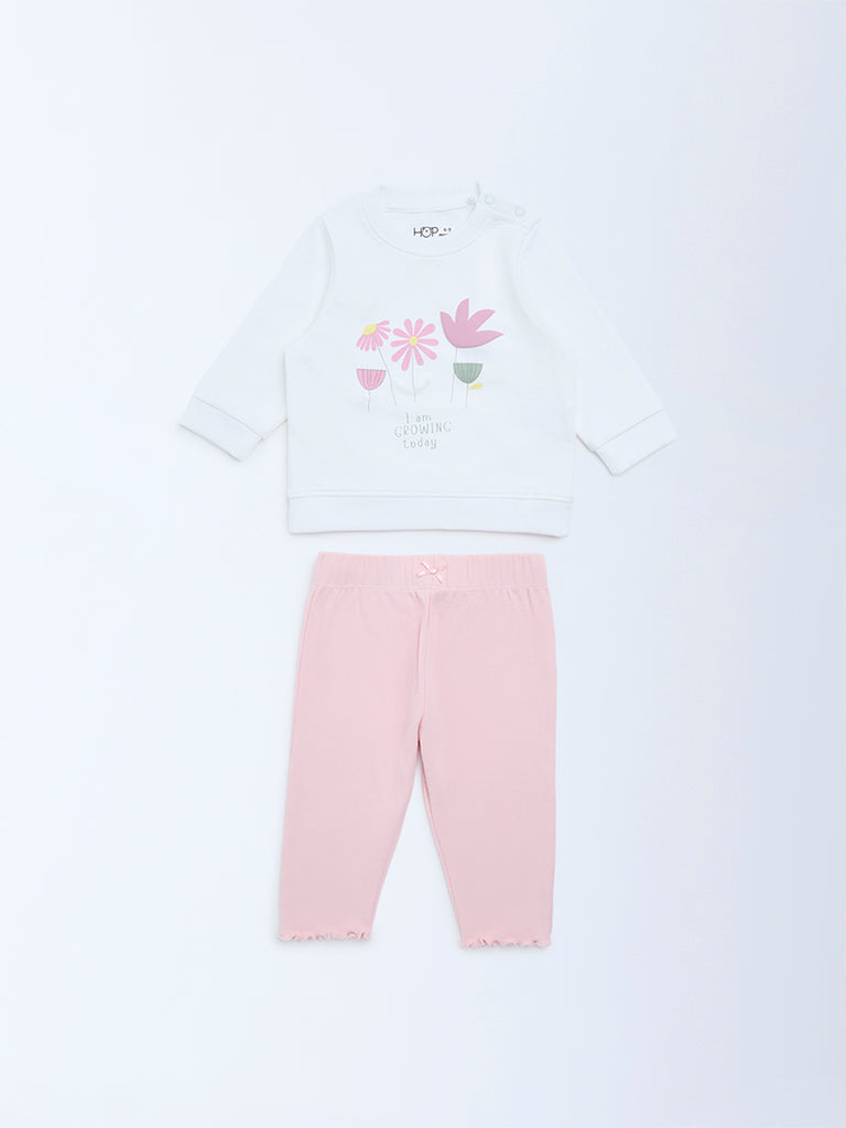 HOP Baby White Floral Printed Cotton Sweatshirt and Pants Set