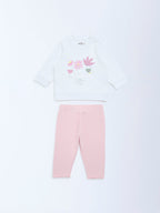 HOP Baby White Floral Printed Cotton Sweatshirt and Pants Set