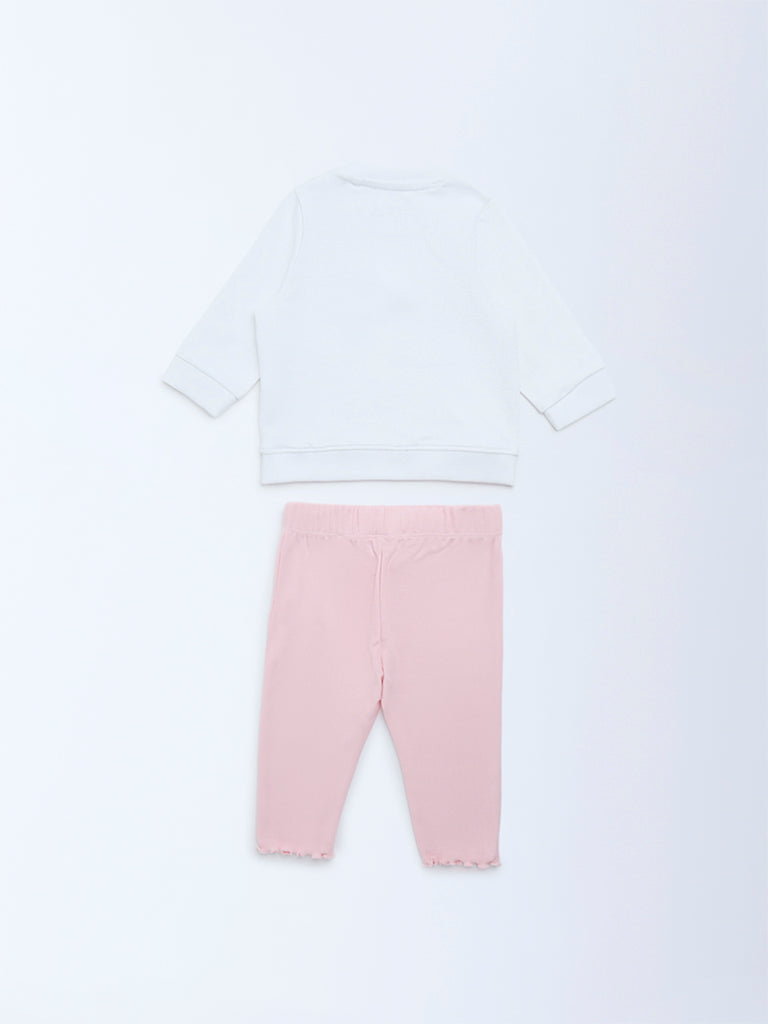 HOP Baby White Floral Printed Cotton Sweatshirt and Pants Set