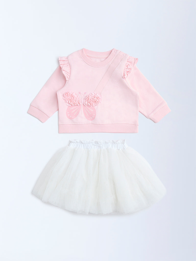 HOP Baby Pink Butterfly Design Cotton Sweatshirt and Skirt Set