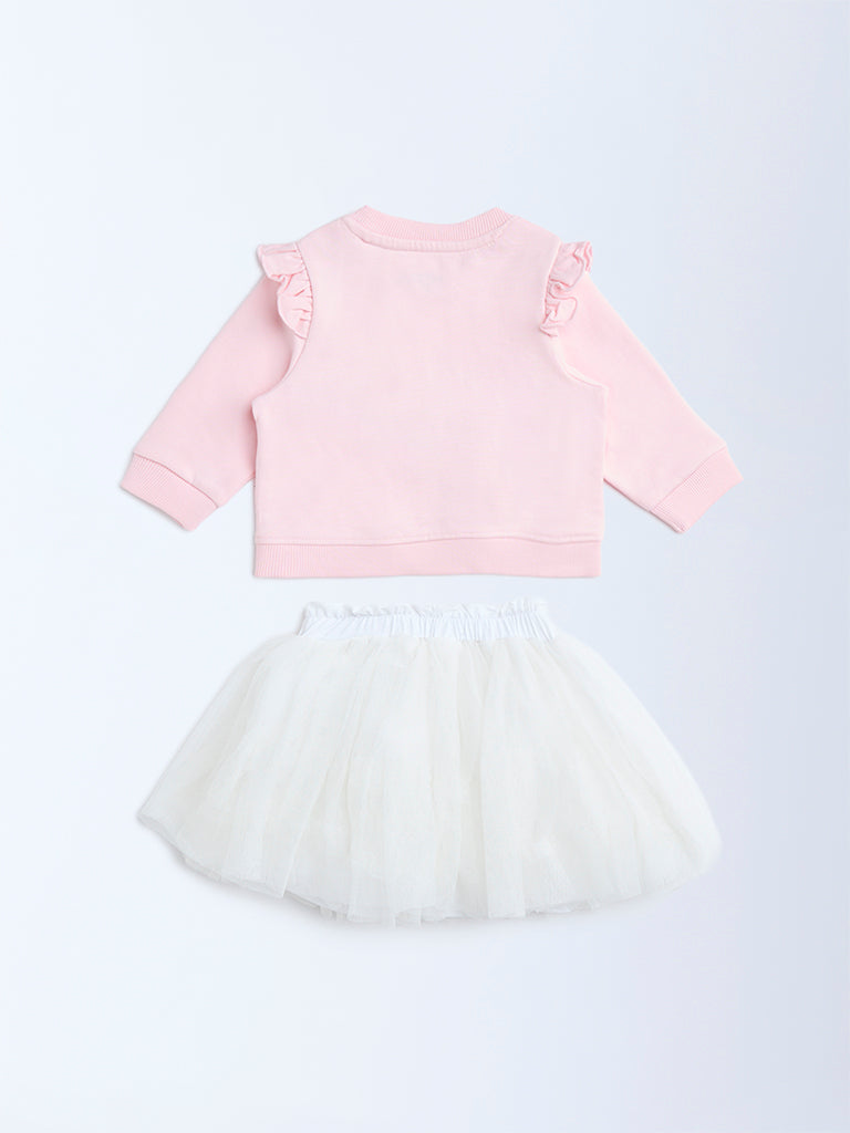 HOP Baby Pink Butterfly Design Cotton Sweatshirt and Skirt Set