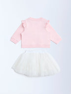 HOP Baby Pink Butterfly Design Cotton Sweatshirt and Skirt Set
