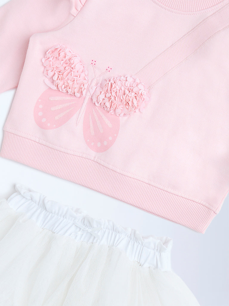 HOP Baby Pink Butterfly Design Cotton Sweatshirt and Skirt Set