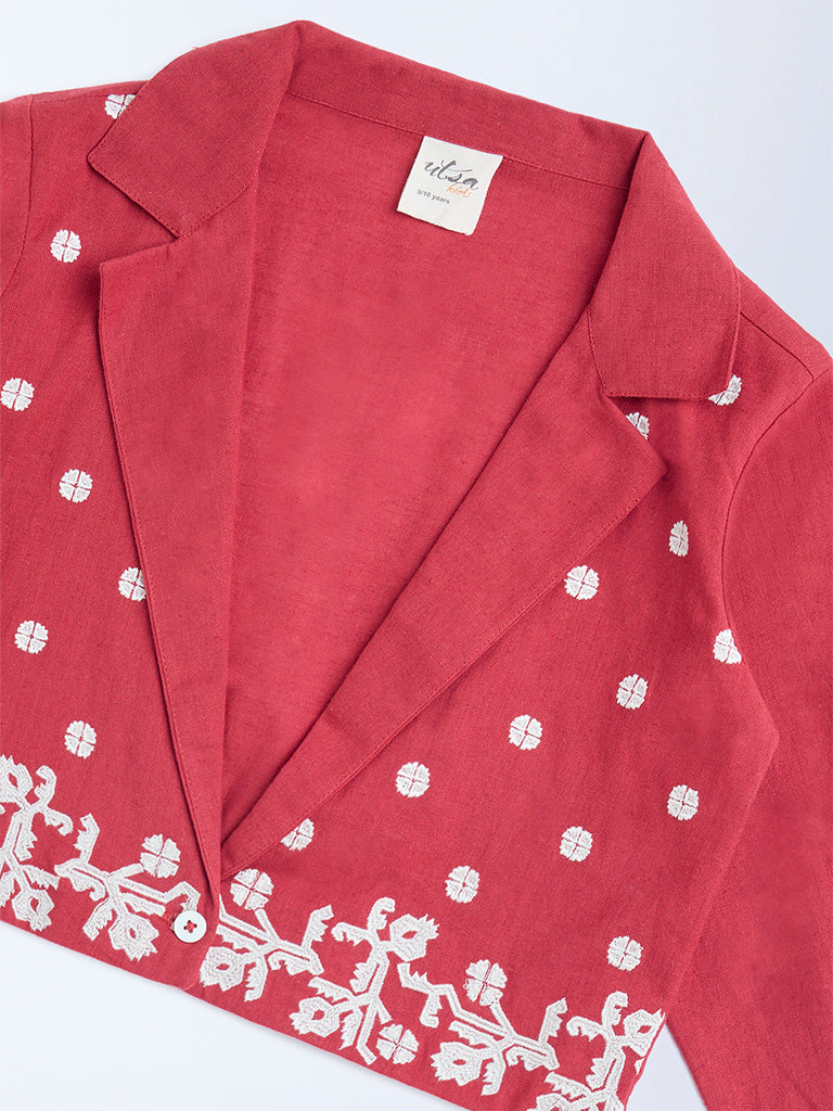 Utsa Kids Red Jamdani Cotton-Blend Jacket - (8-14yrs)
