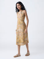 Bombay Paisley Mustard Foliage Cotton-Blend A-Line Dress