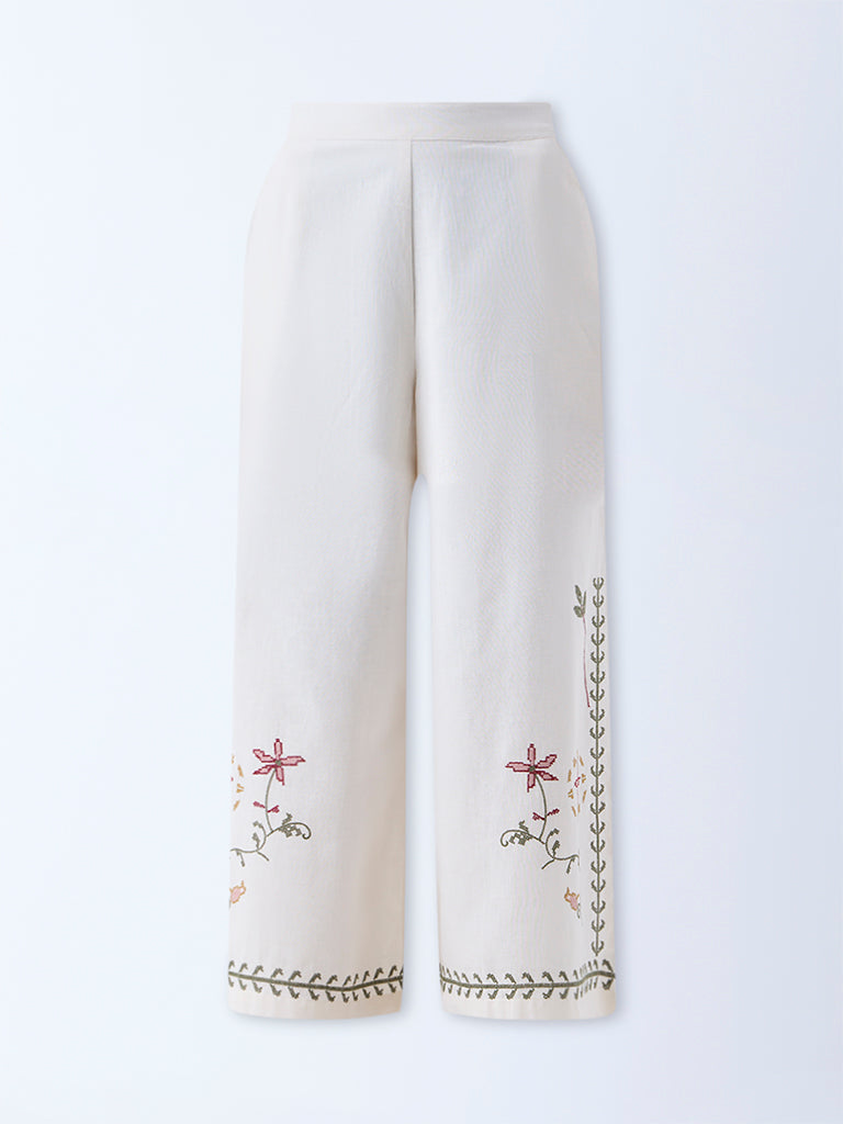Bombay Paisley Off-White Embroidered Cotton-Blend Pants