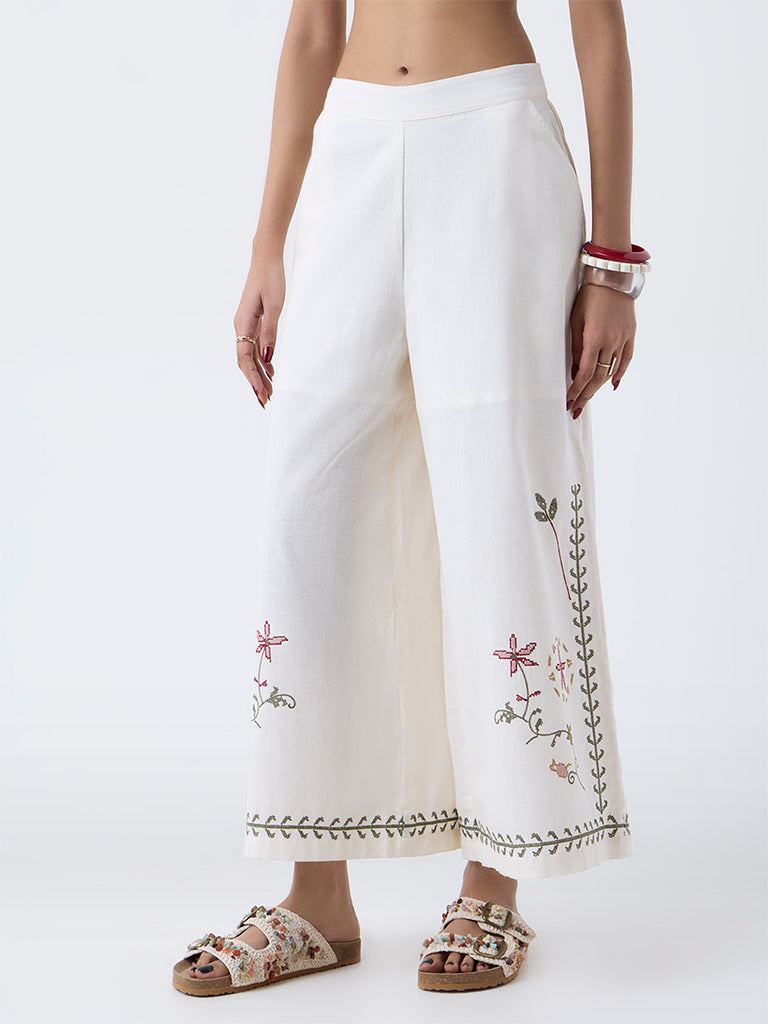 Bombay Paisley Off-White Embroidered Cotton-Blend Pants