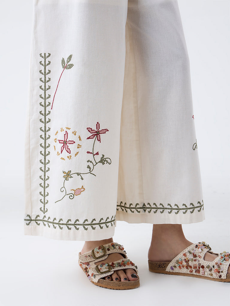 Bombay Paisley Off-White Embroidered Cotton-Blend Pants