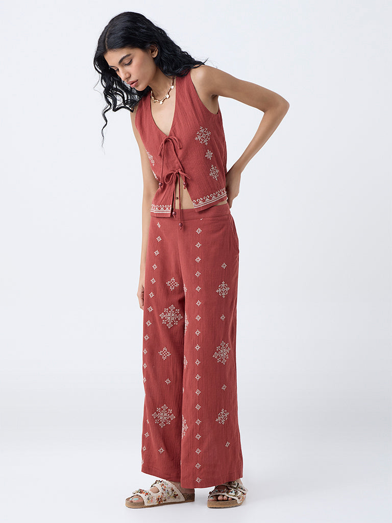 Bombay Paisley Rust Embroidered Cotton Palazzos