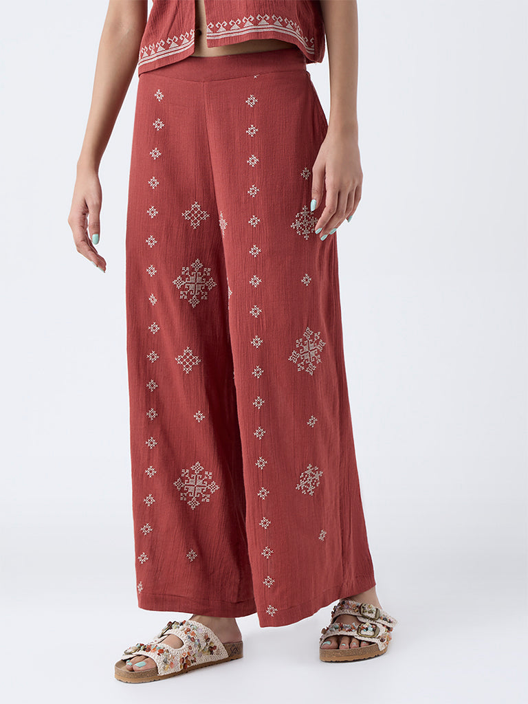 Bombay Paisley Rust Embroidered Cotton Palazzos