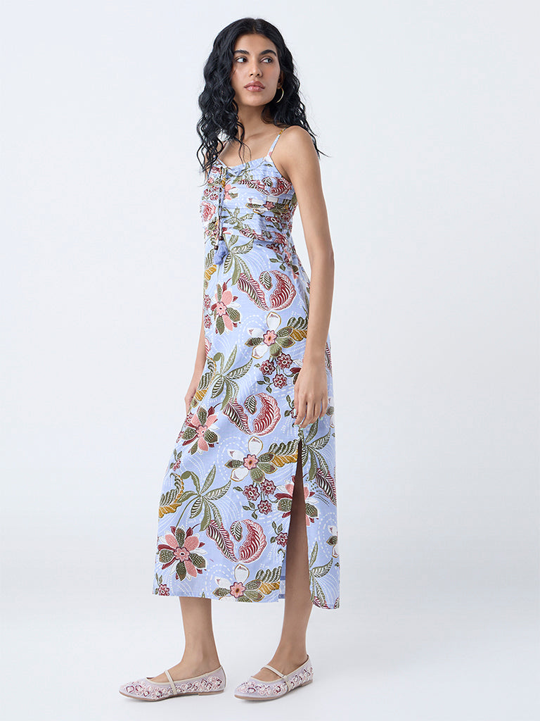 Bombay Paisley Blue Floral Pattern Cotton A-line Dress