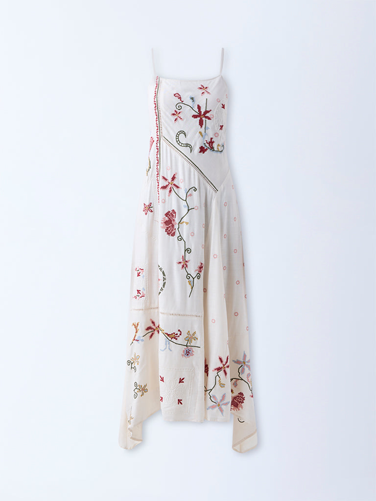 Bombay Paisley Off-White Embroidered A-Line Dress